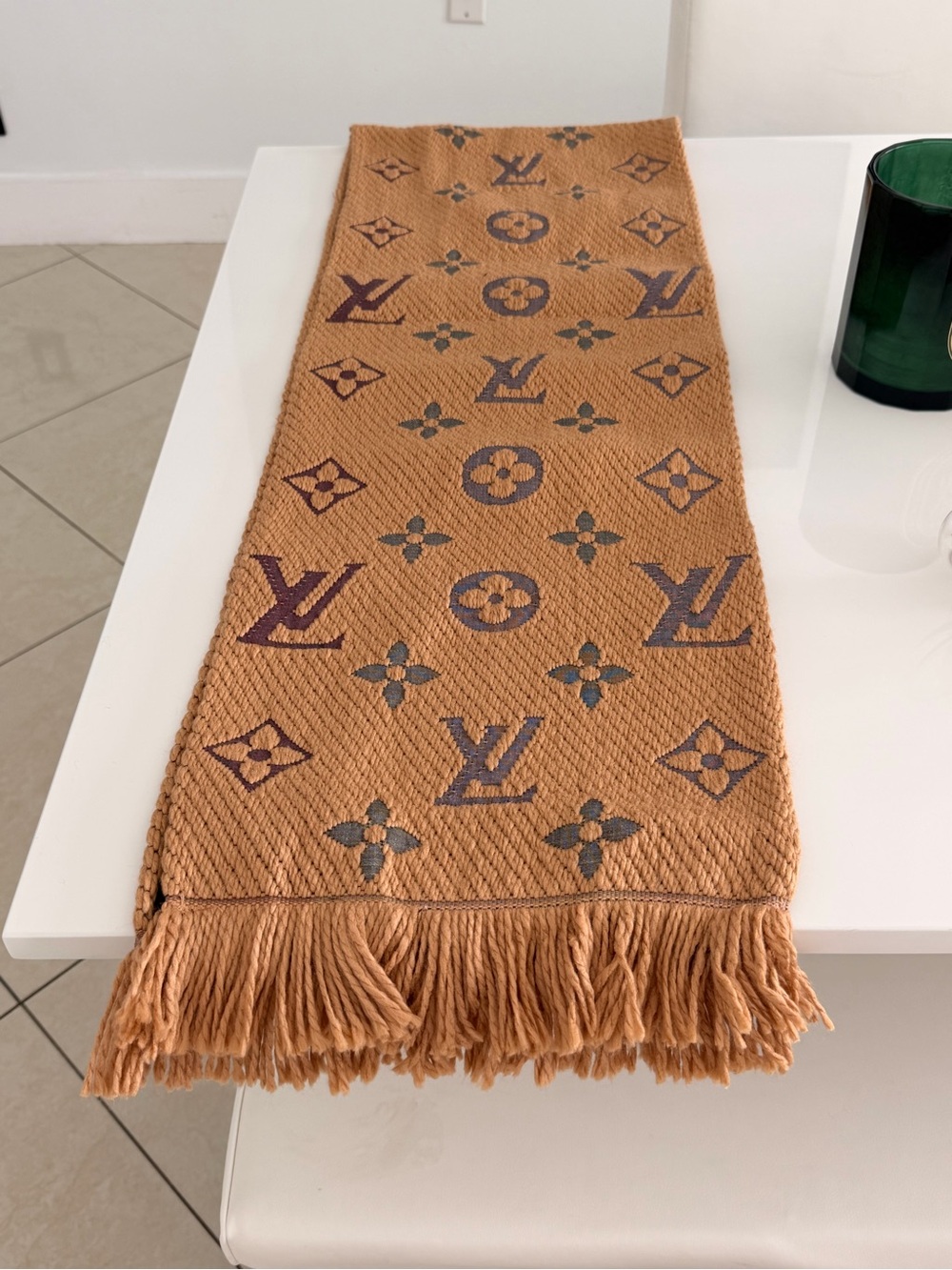 Louis Vuitton Camel and Brown Monogram Knit Fringe Scarf